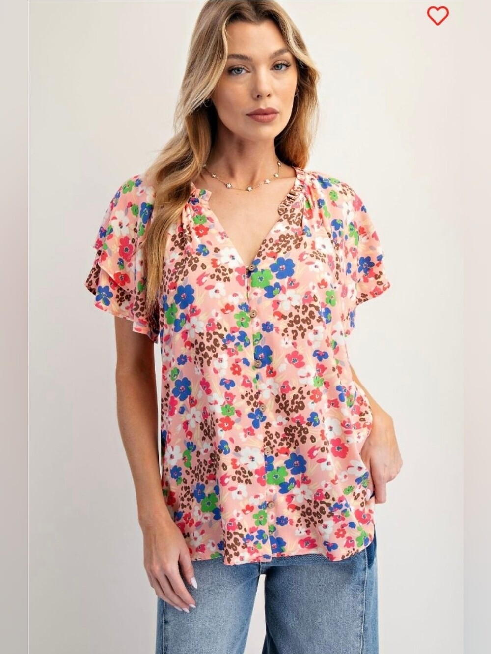 Easel Floral Leopard Print Ruffle Sleeve Top – Blush – Size 1X NWT